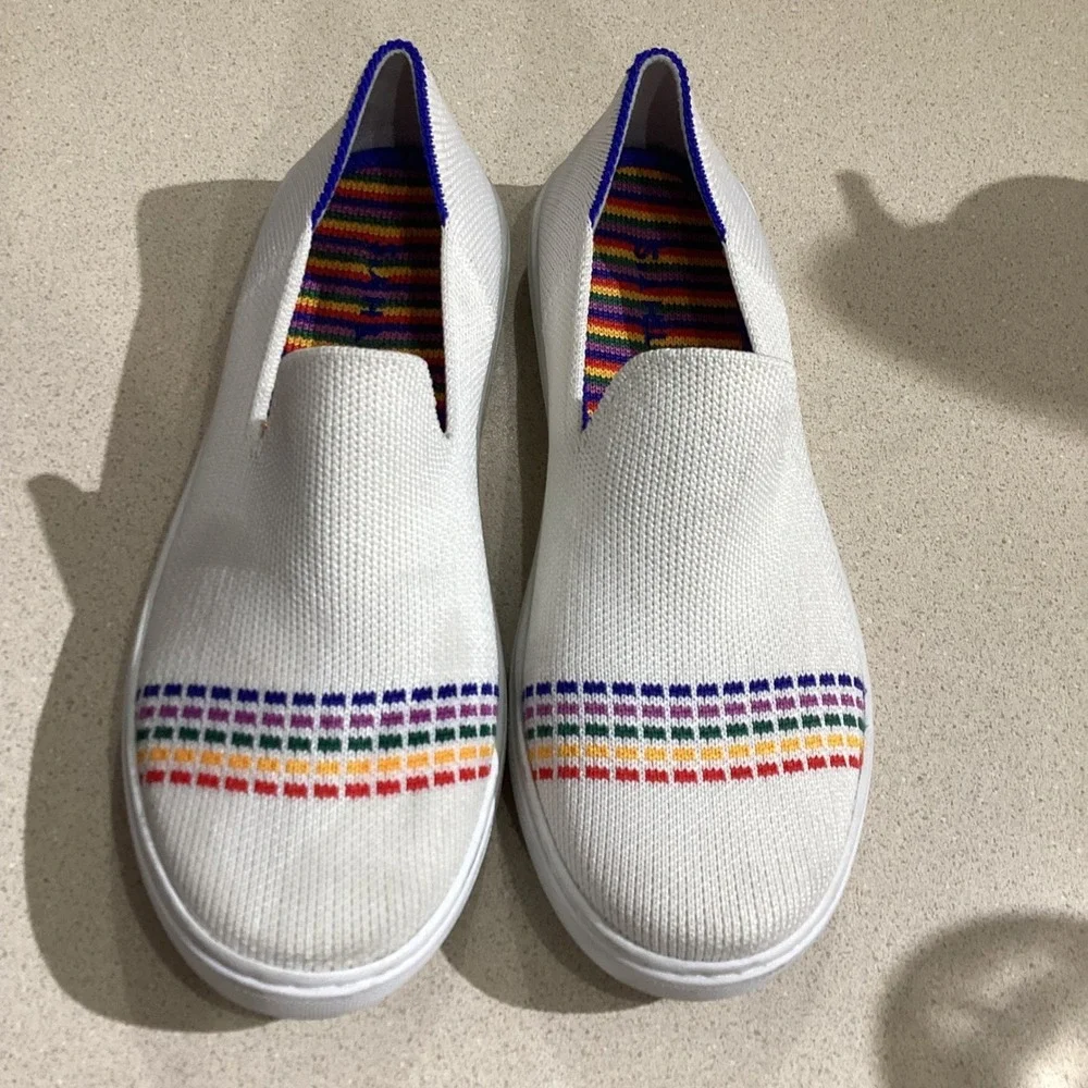 Rothy's The Sneaker Women's White Rainbow Stripe‎ Knit Slip On Shoes Size 3